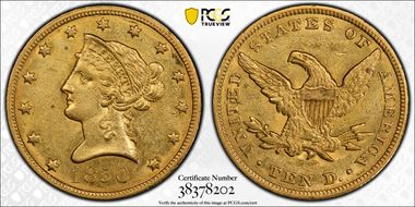 1850 $10 Large Date AU58