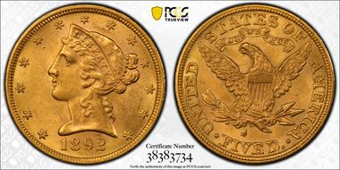 1892-S $5 MS63