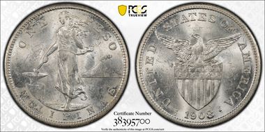 1908-S Peso KM-172  Ag MS62