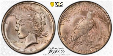 1921 $1 High Relief, Peace MS65