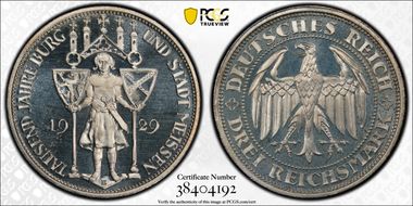 1929-E 3 Mk Meissen J-338 PR65CAM