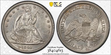 1842 50C Small Date, Rev of 1842 AU55