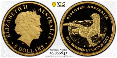 2012-P $5 Goanna Discover Australia PR69DCAM