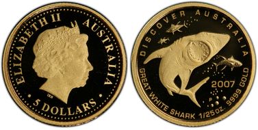 2007-P $5 Great White Shark Gold Discover Australia PR70DCAM