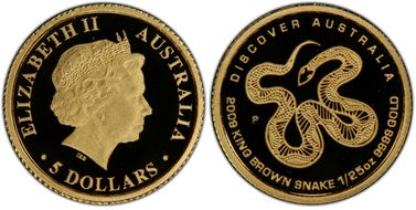 2009-P $5 Brown Snake Gold Discover Australia PR70DCAM
