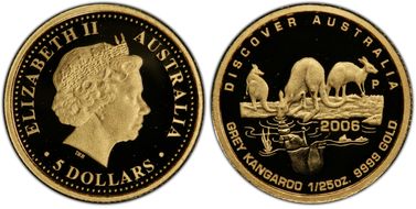 2006-P $5 Grey Kangaroo Gold Discover Australia PR70DCAM