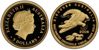 2006-P $5 Saltwater Crocodile Gold Discover Australia PR70DCAM