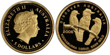 2006-P $5 Kookaburra Gold Discover Australia PR70DCAM