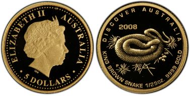 2008-P $5 King Brown Snake Gold Discover Australia - Fauna PR70DCAM
