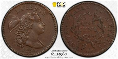 1794 1C Short Bust, S-43 AU50BN