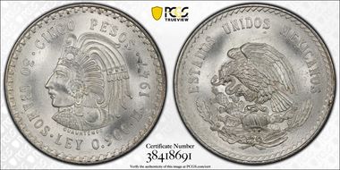 1947-Mo 5 Peso Cuauhtemoc KM-465 Ag MS68