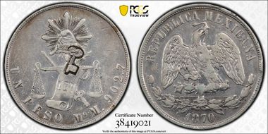 (1872-77) Peso KM-R7 C/M on Mex Peso VF35
