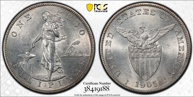 1905-S Peso Allen-16.06a Straight Serif AU58