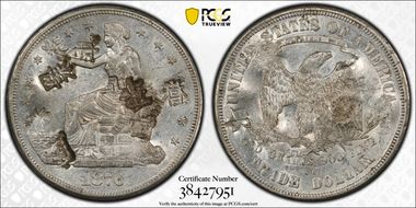 1876-CC T$1 Doubled Die Chopmarked AU58