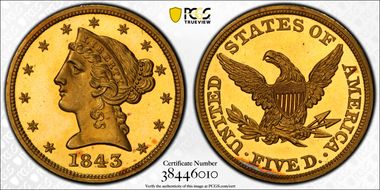 1843 $5 PR66DCAM