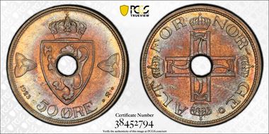 1923 50 Øre KM-380 w/Hole MS63