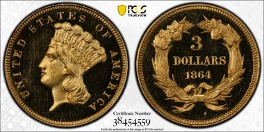 1864 $3 PR65DCAM