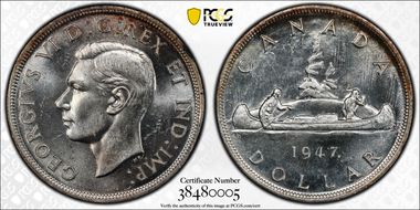 1947 S$1 Maple Leaf Doubled HP MS62