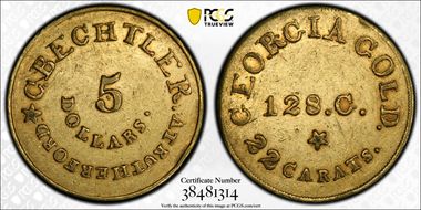 (1837-42) $5 C. Bechtler, Georgia Gold Rutherford AU55