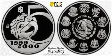 1999-2000-Mo 5 Peso Millennium Series Aztec Bird PR70DCAM