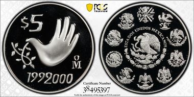 1999-2000-Mo 5 Peso Millennium Series Hand of Peace PR69DCAM
