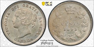 1893 5C Narrow Date, 8/8, 9/9 RP-3 AU58