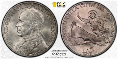 1939 5 Lire Anno I St. Peter MS65+