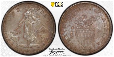 1909-S Peso KM-172  Ag AU58