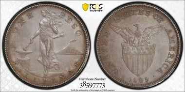 1909-S Peso KM-172  Ag AU55