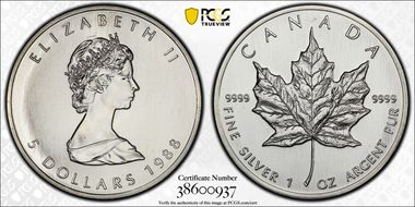 1988 $5 Maple Leaf 1oz Ag MS65