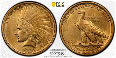 1907 $10 Indian AU55