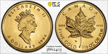 1994 $2 Maple Leaf Au MS68