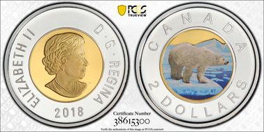 2018 $2 Polar Bear Selective Gilt  Colorized PR68DCAM