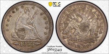 1853 25C Arrows and Rays AU55
