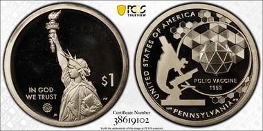 2019-S $1 American Innovation PA Polio Vaccine 1953 PR70DCAM