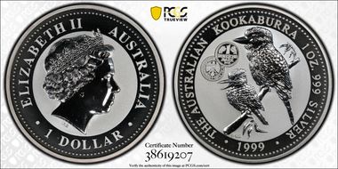 1999-P100 $1 Kookaburra Ag German Mark Privy MS68