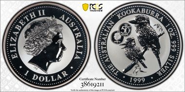 1999-P100 $1 Kookaburra Ag Belgian 50 Fr Privy MS69