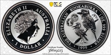 1999-P100 $1 Kookaburra Ag French 5 Francs Privy MS69