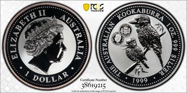 1999-P100 $1 Kookaburra Ag-Spanish 100 Pesetas Privy MS69