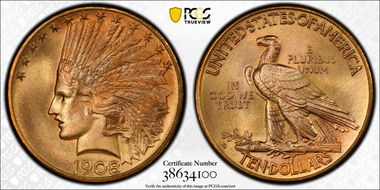 1908-D $10 Motto MS68