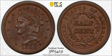 1853 1/2C MS65BN