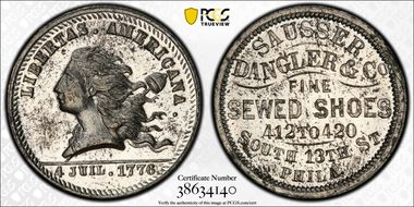 (1876) Token Pa-Ph 730 White Metal Sausser, Dangler & Co. MS64