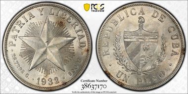 1932 Peso KM-15.2  Ag MS63