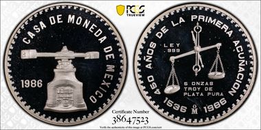1986-Mo 5 Onza X-MB20 450th Ann. Ag PR66DCAM