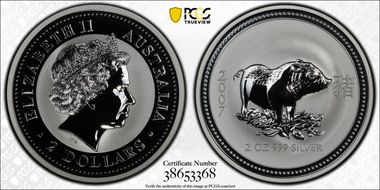 2007 $2 Year of the Pig 2oz Ag MS70