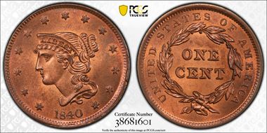 1840 1C N-8 Large Date MS65RD
