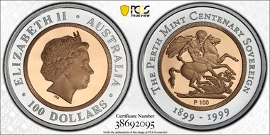 1999-P100 $100 Perth Mint Centenary Sov PR69DCAM