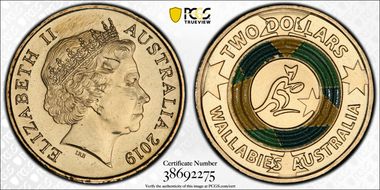 2019 $2 Wallabies Australia Colorized MS66