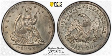 1853 50C Arrows & Rays MS65