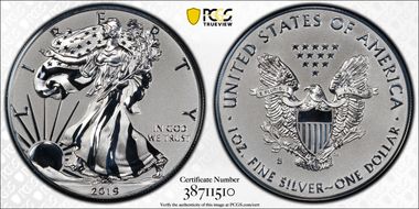 2019-S $1 Silver Eagle Enhanced Rev PR First Strike Mercanti Flag PR70